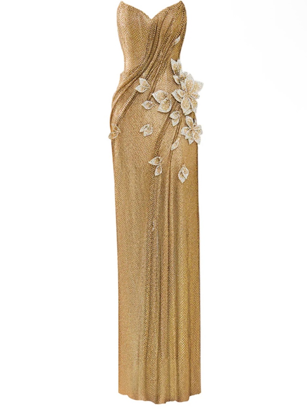 Strapless Gold Evening Gown with Floral Appliqué - Picture 3 of 4